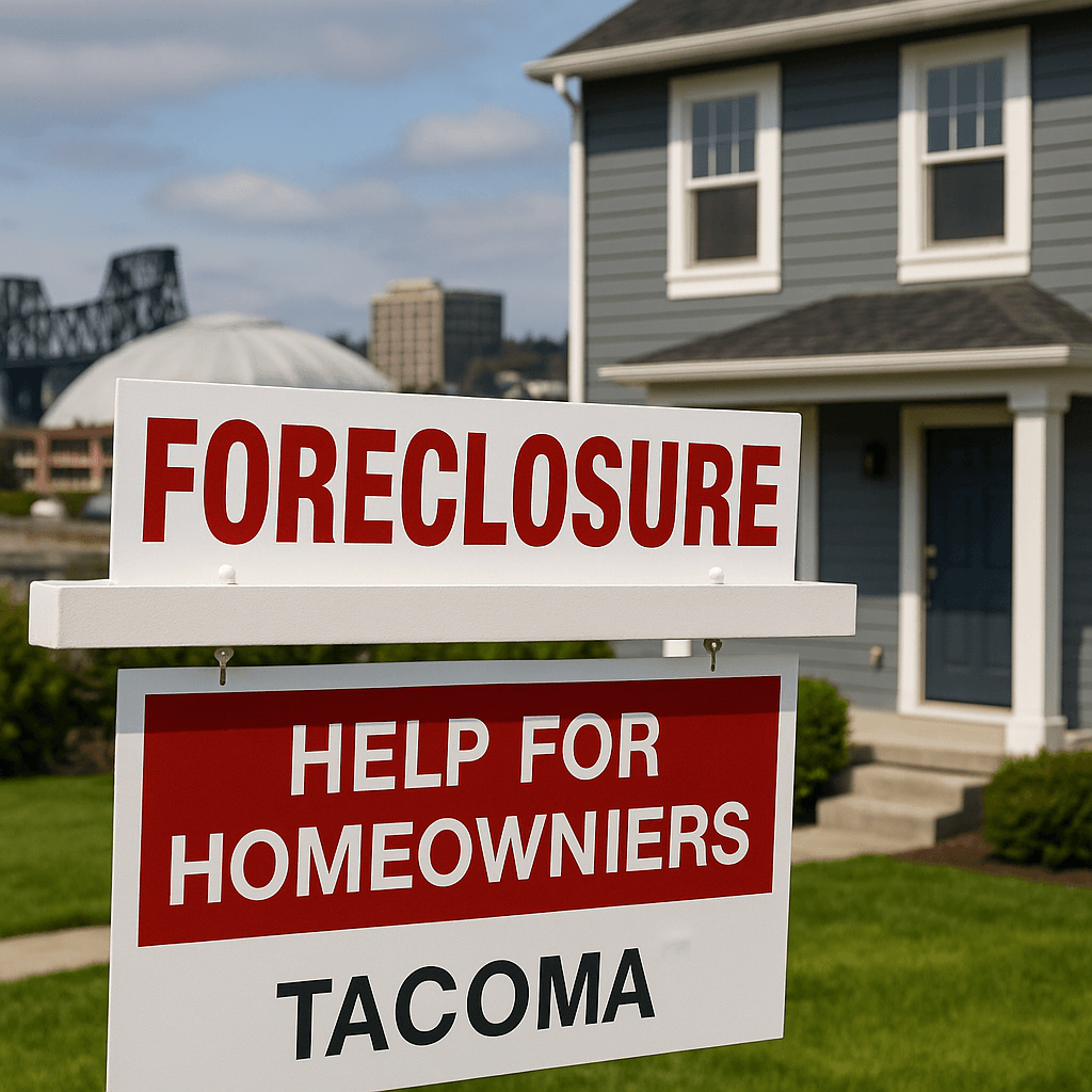 Tacoma house facing foreclosure with auction sign in front and Mount Rainier in background – Think3RE blog image