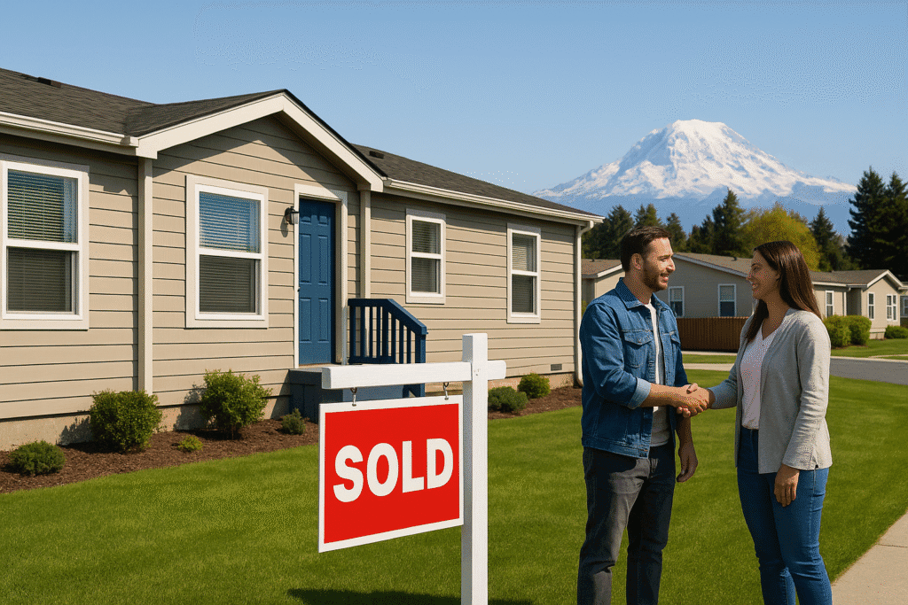 Tacoma mobile home sold fast with cash offer from Think3RE, happy couple shaking hands in front of house with Mount Rainier background