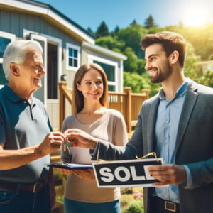 Happy Tacoma couple handing keys after fast mobile home cash sale with Think3RE