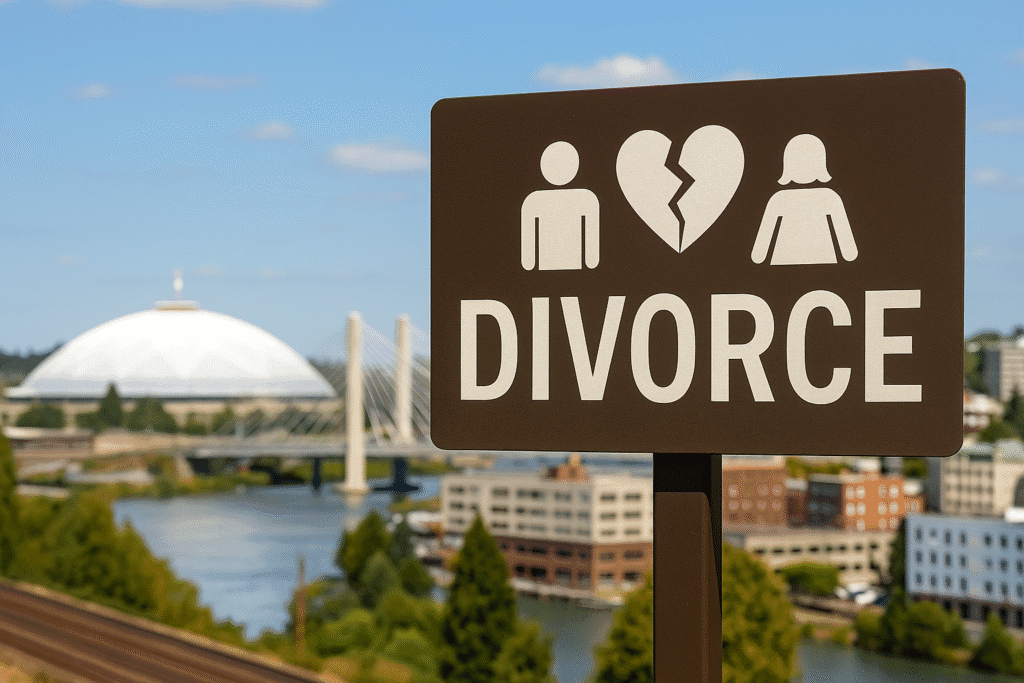 Tacoma courthouse with a house key and divorce paperwork