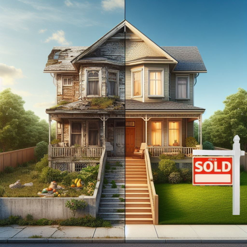 We Buy Houses In Tacoma – Home Transformation: From Neglected to Renovated Two-story house before and after renovation. Left side shows the old, neglected state with peeling paint and broken windows. Right side shows the renovated state with fresh paint, intact windows, manicured lawn, and a ‘SOLD’ sign.