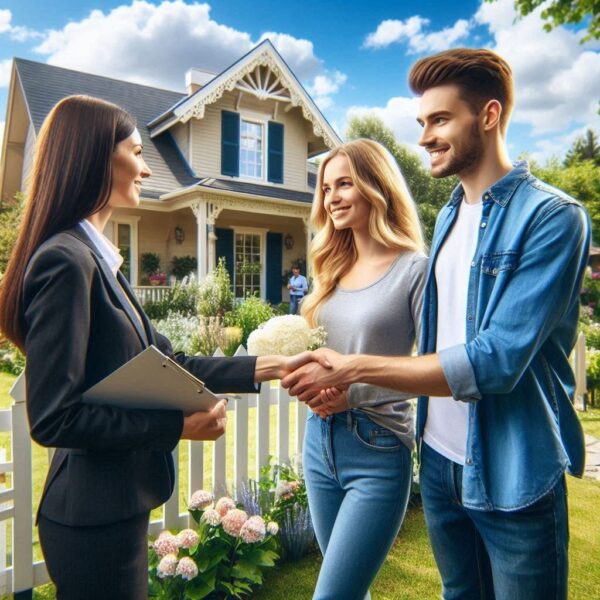 Real estate agent, young couple, and ‘SOLD’ sign in front of a modest house.
