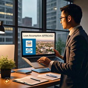 Symbolizing a professional at THINK3RE reviewing a ‘Loan Assumption Approved’ message on a laptop, ready to guide clients through the process.