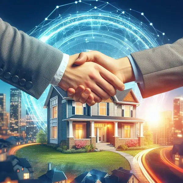 A handshake over a house with digital network lines, symbolizing a wraparound mortgage agreement, set against an urban skyline at twilight. wraparound mortgage Washington agreement. wrap financing washington. Seller Financing Washington. Due on clause  wraparound mortgage. wraparound mortgage Washington.